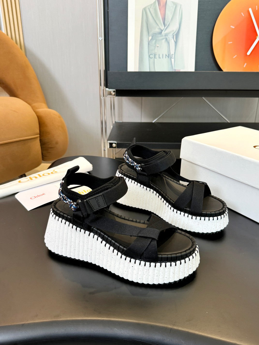 NAMA WEDGE SANDALS IN BLACK FABRIC AND WHITE RUBBER - 35