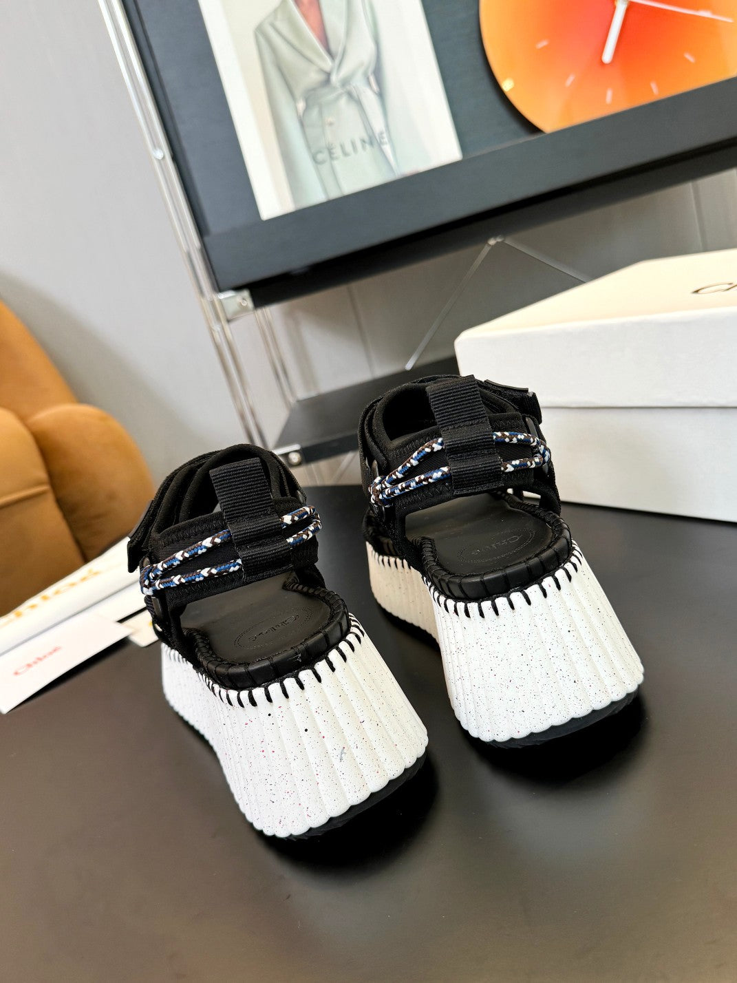 NAMA WEDGE SANDALS IN BLACK FABRIC AND WHITE RUBBER - 35