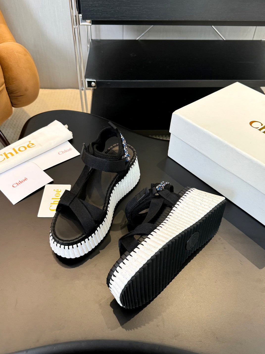 NAMA WEDGE SANDALS IN BLACK FABRIC AND WHITE RUBBER - 35