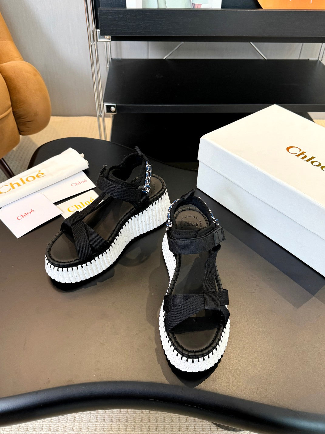 NAMA WEDGE SANDALS IN BLACK FABRIC AND WHITE RUBBER - 35