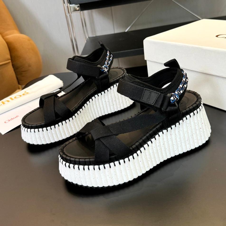 NAMA WEDGE SANDALS IN BLACK FABRIC AND WHITE RUBBER - 35