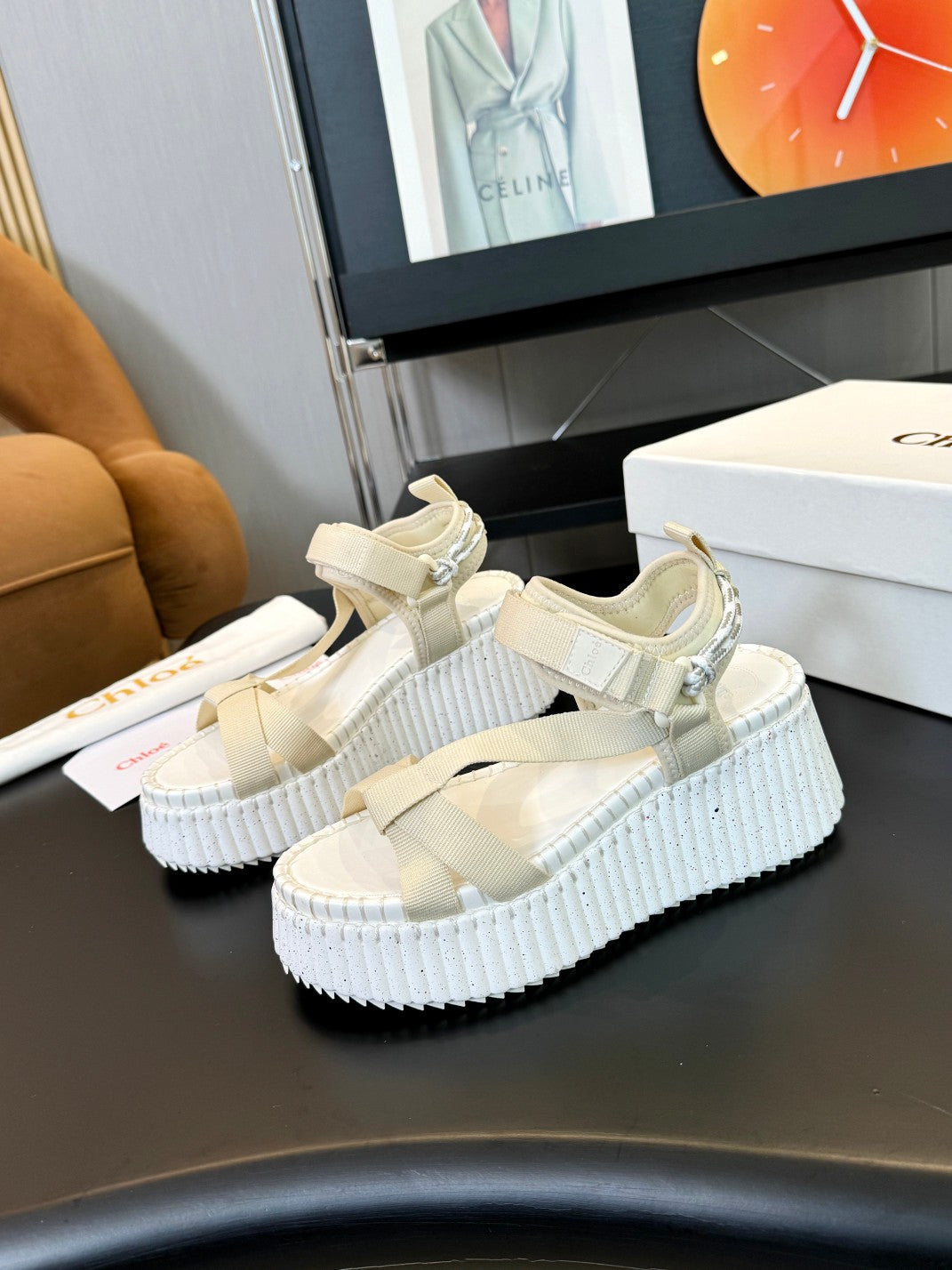 NAMA WEDGE SANDALS IN BEIGE FABRIC AND WHITE RUBBER - 35