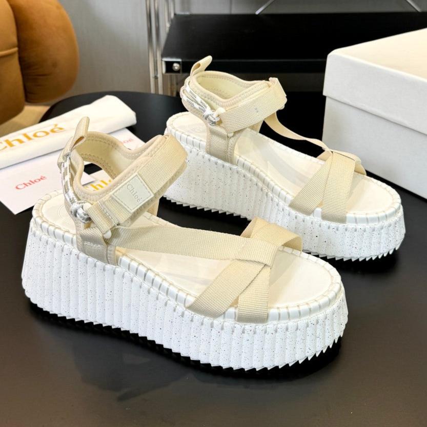 NAMA WEDGE SANDALS IN BEIGE FABRIC AND WHITE RUBBER - 35