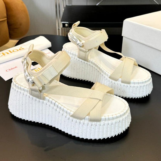 NAMA WEDGE SANDALS IN BEIGE FABRIC AND WHITE RUBBER - 35