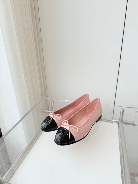 BALLET FLAT IN BABY PINK MIX BLACK CALFSKIN - 34
