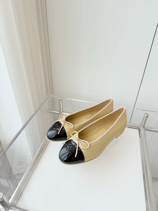 BALLET FLAT IN FLAX YELLOW MIX BLACK CALFSKIN - 34