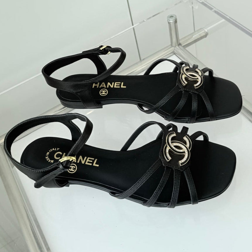 FLAT SANDALS 1 CM IN BLACK LAMBSKIN - 35