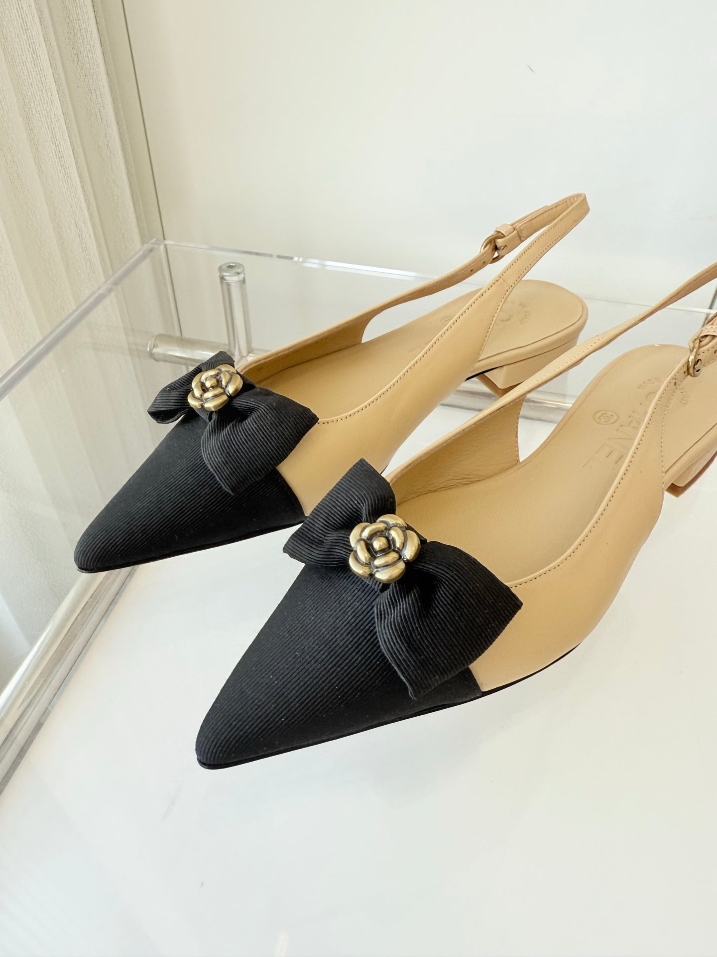 SLINGBACKS 18 MM IN BEIGE CALFSKIN MIX BLACK CANVAS - 35