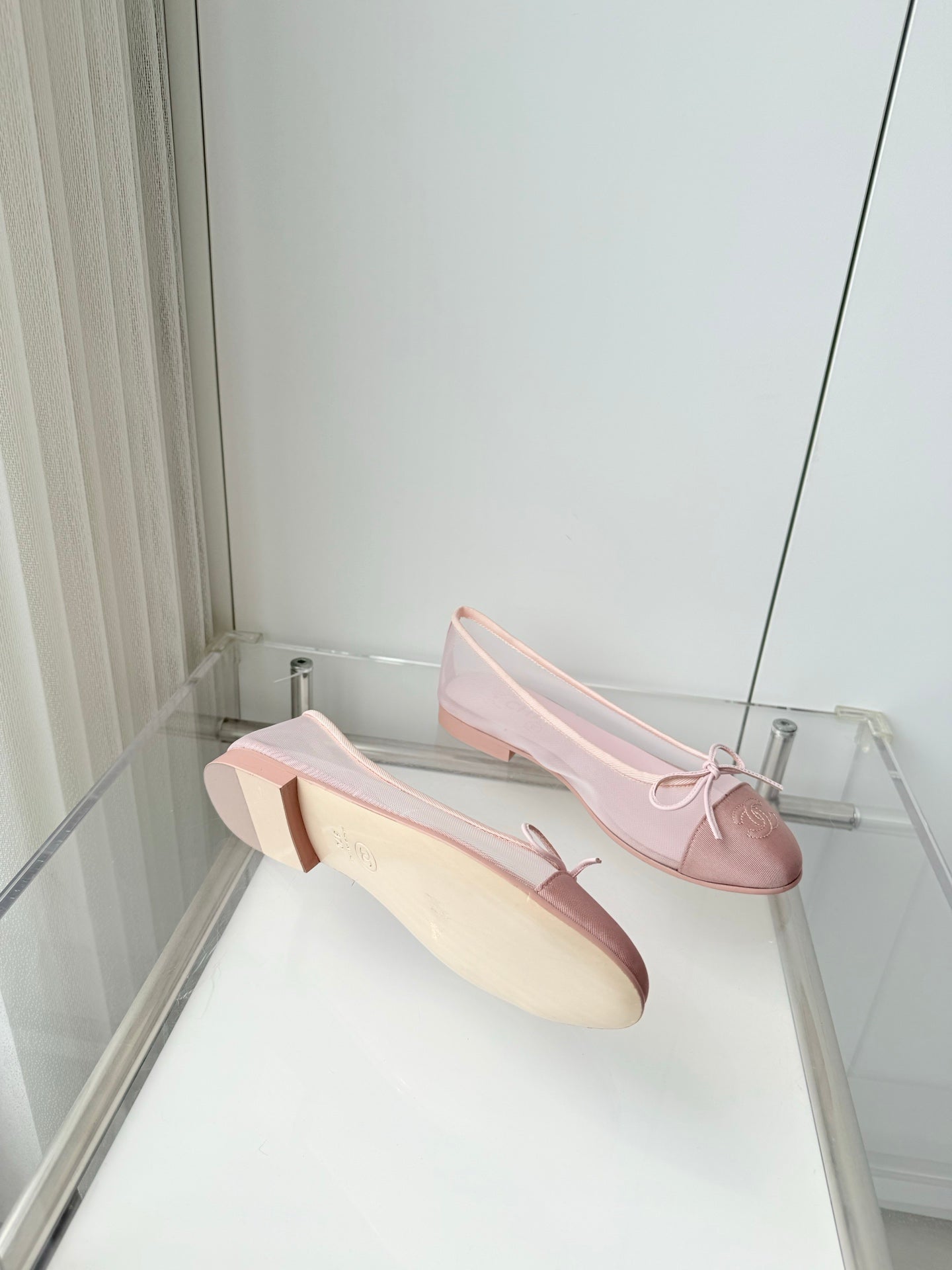 CHANEL 26S BALLET FLATS IN LIGHT PINK MESH TOE CAP AND BOW