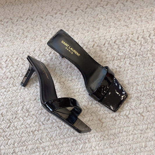 HIGH MULES WITH SQUARE TOE IN BLACK GLOSSY CALFSKIN - 34
