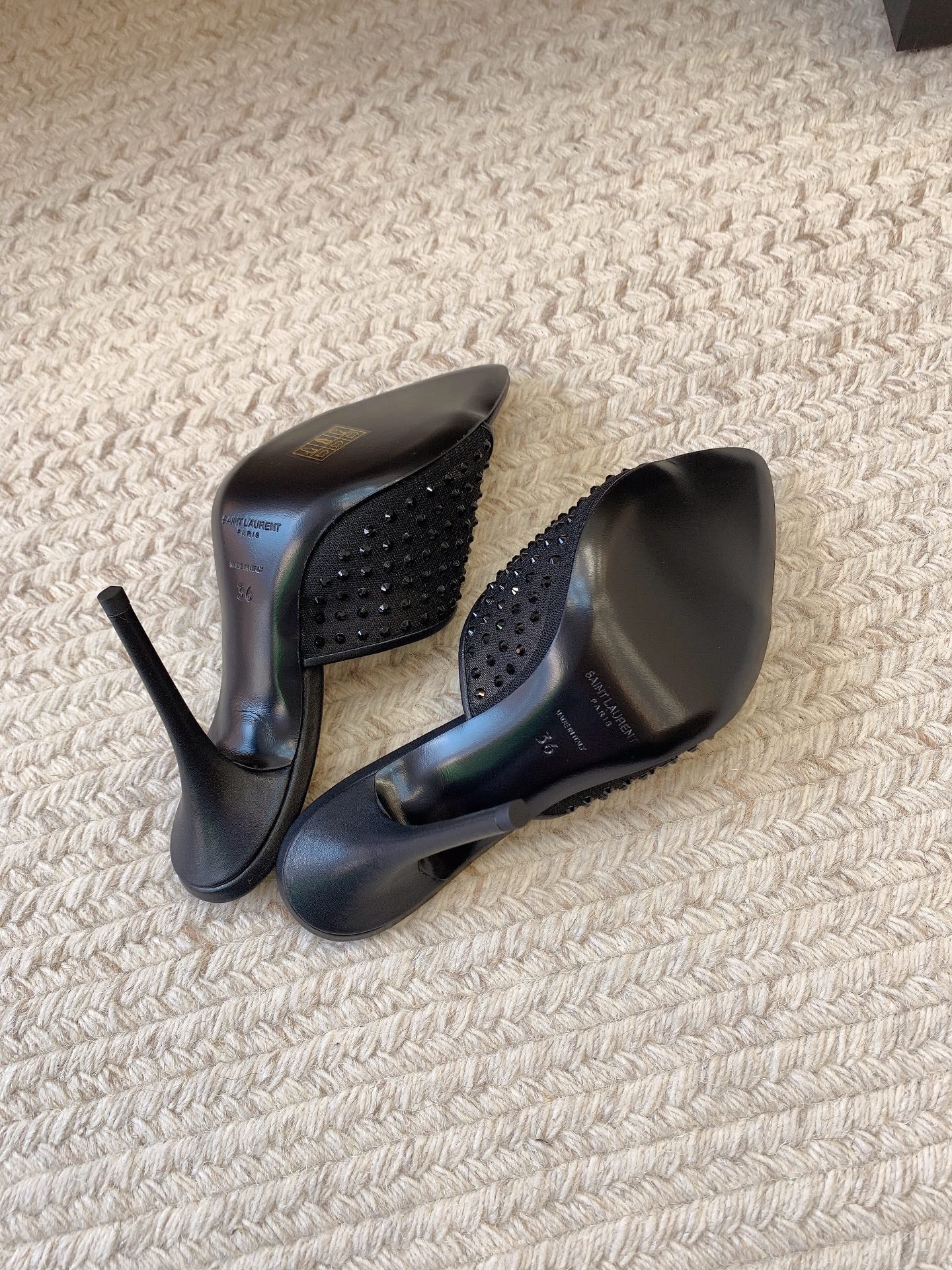 LA 16 HEELED MULES ATTACHED RHINESTONES IN BLACK MESH - 34