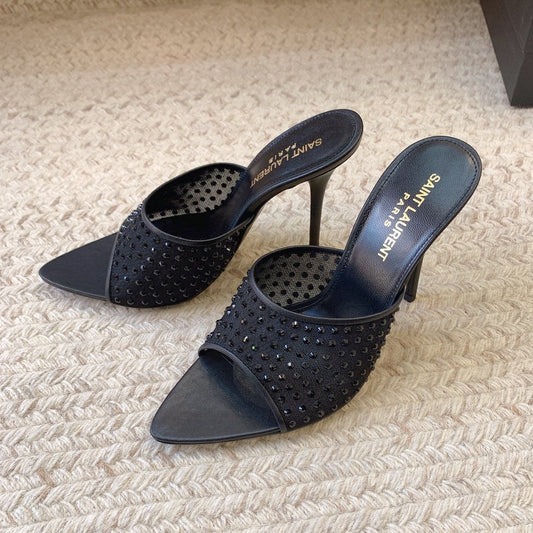 LA 16 HEELED MULES ATTACHED RHINESTONES IN BLACK MESH - 34