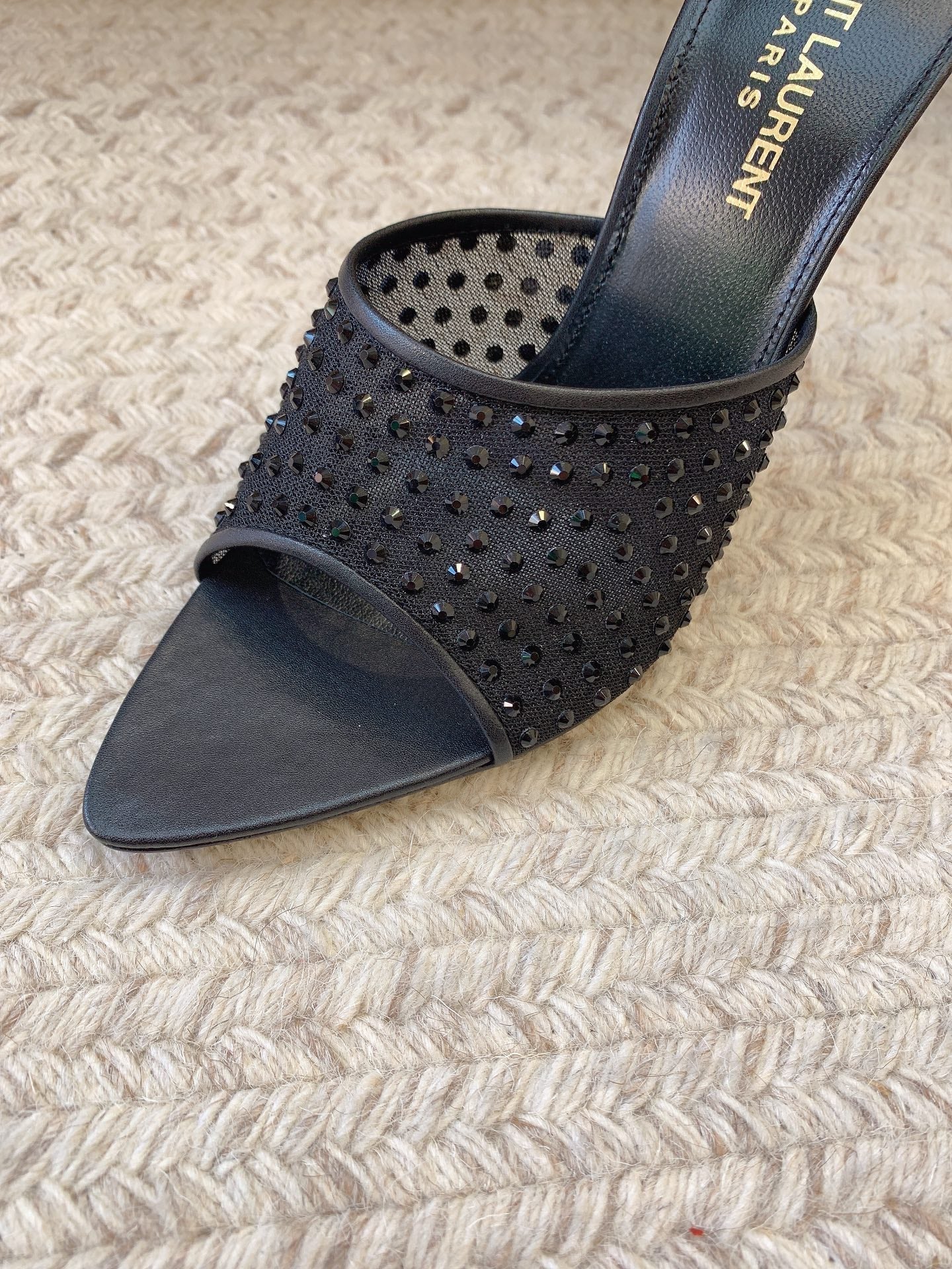 LA 16 HEELED MULES ATTACHED RHINESTONES IN BLACK MESH - 34