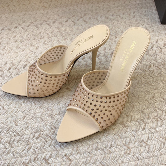 LA 16 HEELED MULES ATTACHED RHINESTONES IN CREAM MESH - 34
