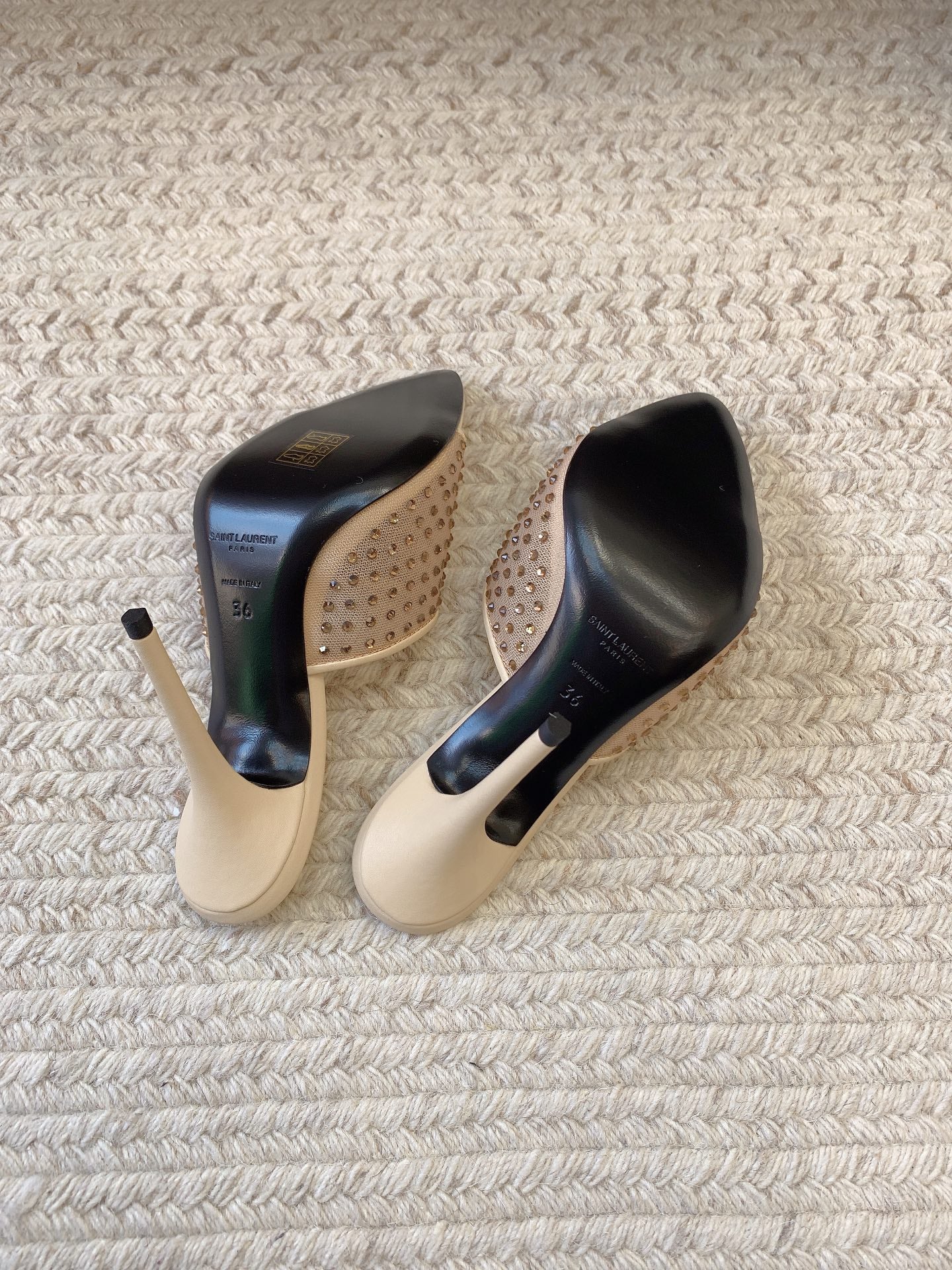 LA 16 HEELED MULES ATTACHED RHINESTONES IN CREAM MESH - 34