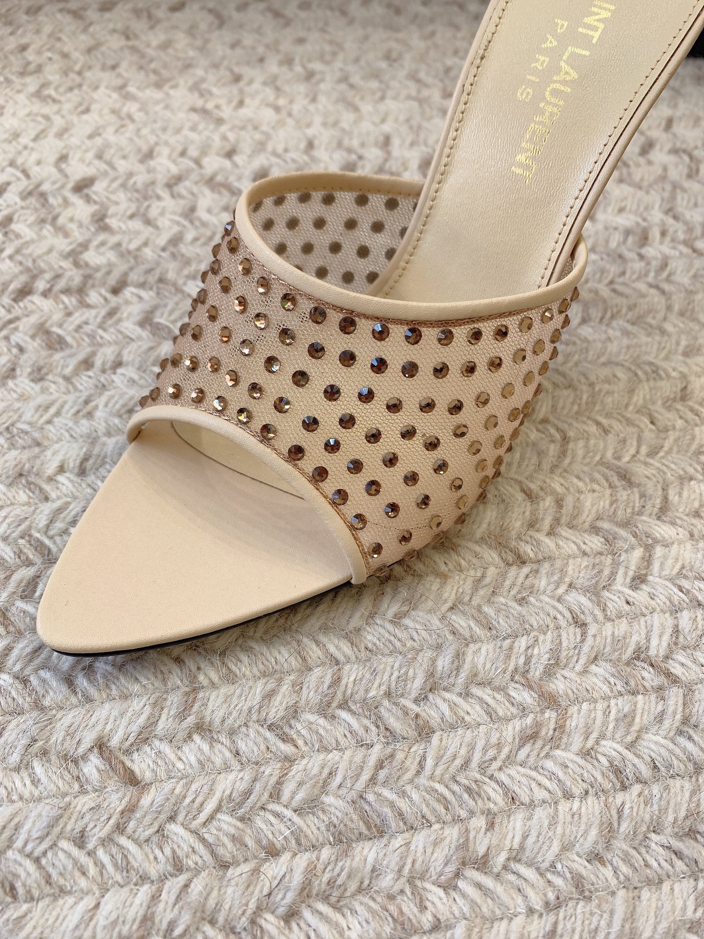 LA 16 HEELED MULES ATTACHED RHINESTONES IN CREAM MESH - 34