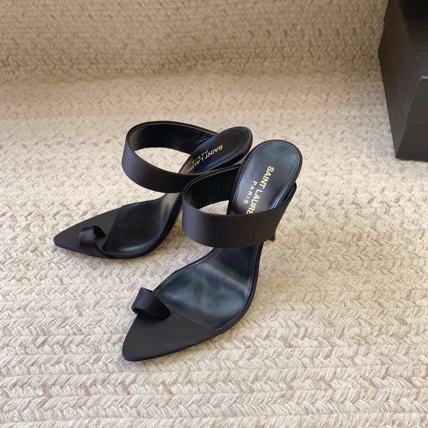 MARTHA POINTED OPEN-TOE HIGH MULES IN BLACK SILK - 34