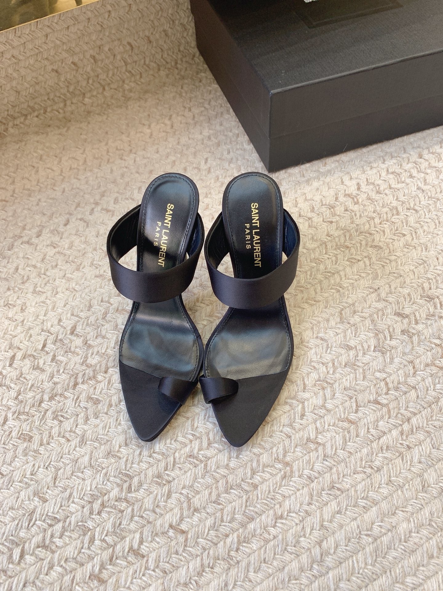 MARTHA POINTED OPEN-TOE HIGH MULES IN BLACK SILK - 34