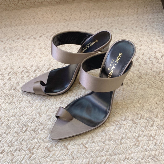 MARTHA POINTED OPEN-TOE HIGH MULES IN GRAY SILK - 34