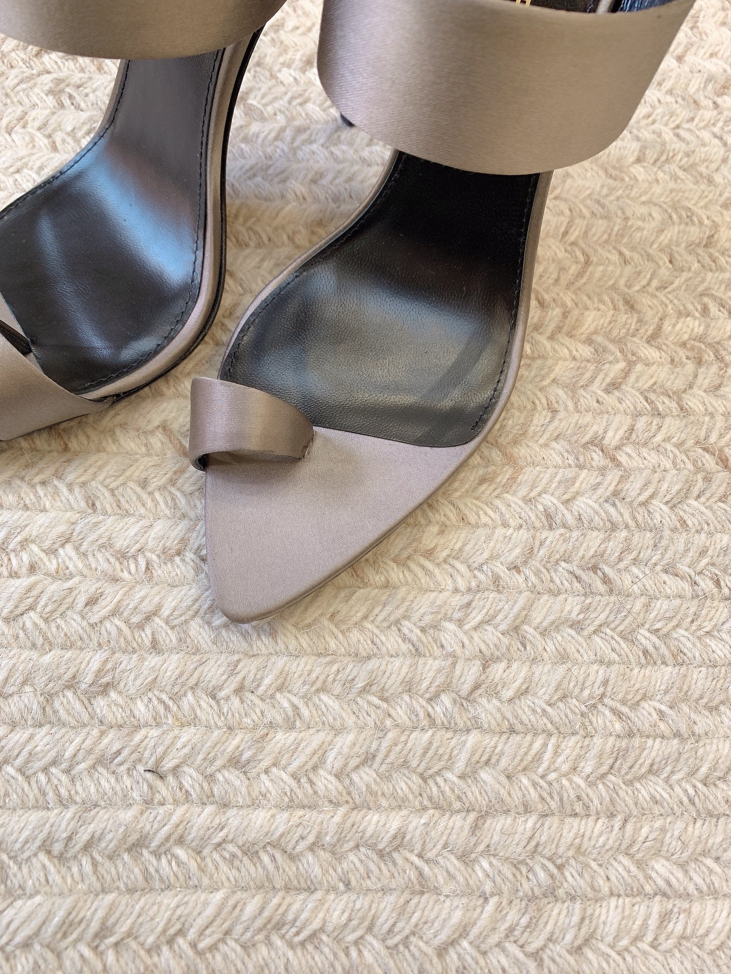 MARTHA POINTED OPEN-TOE HIGH MULES IN GRAY SILK - 34