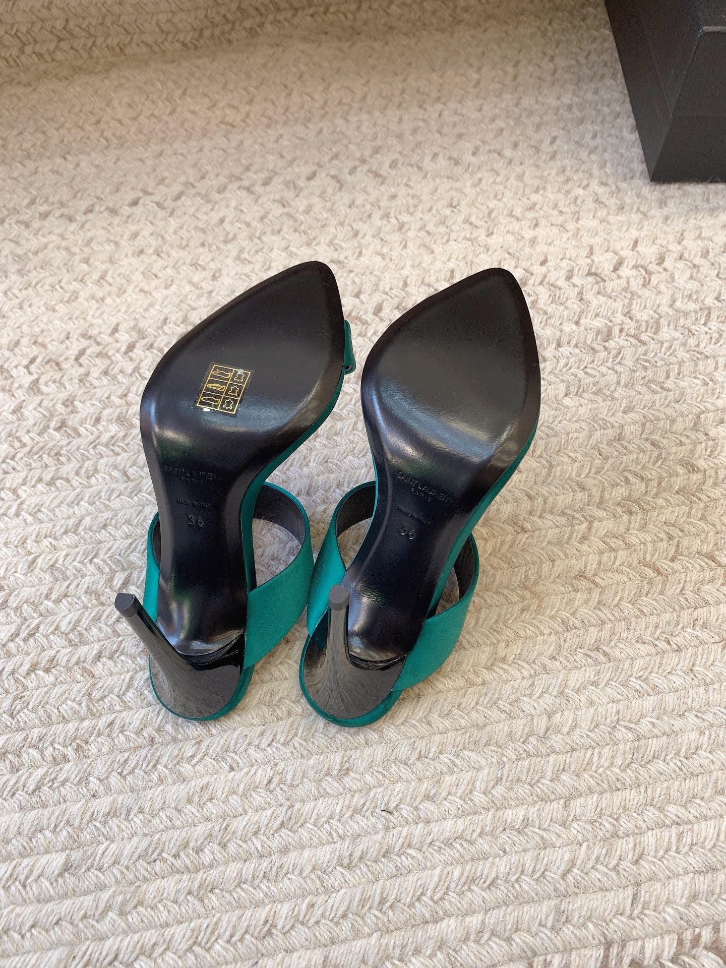MARTHA POINTED OPEN-TOE HIGH MULES IN TEAL GREEN SILK - 34
