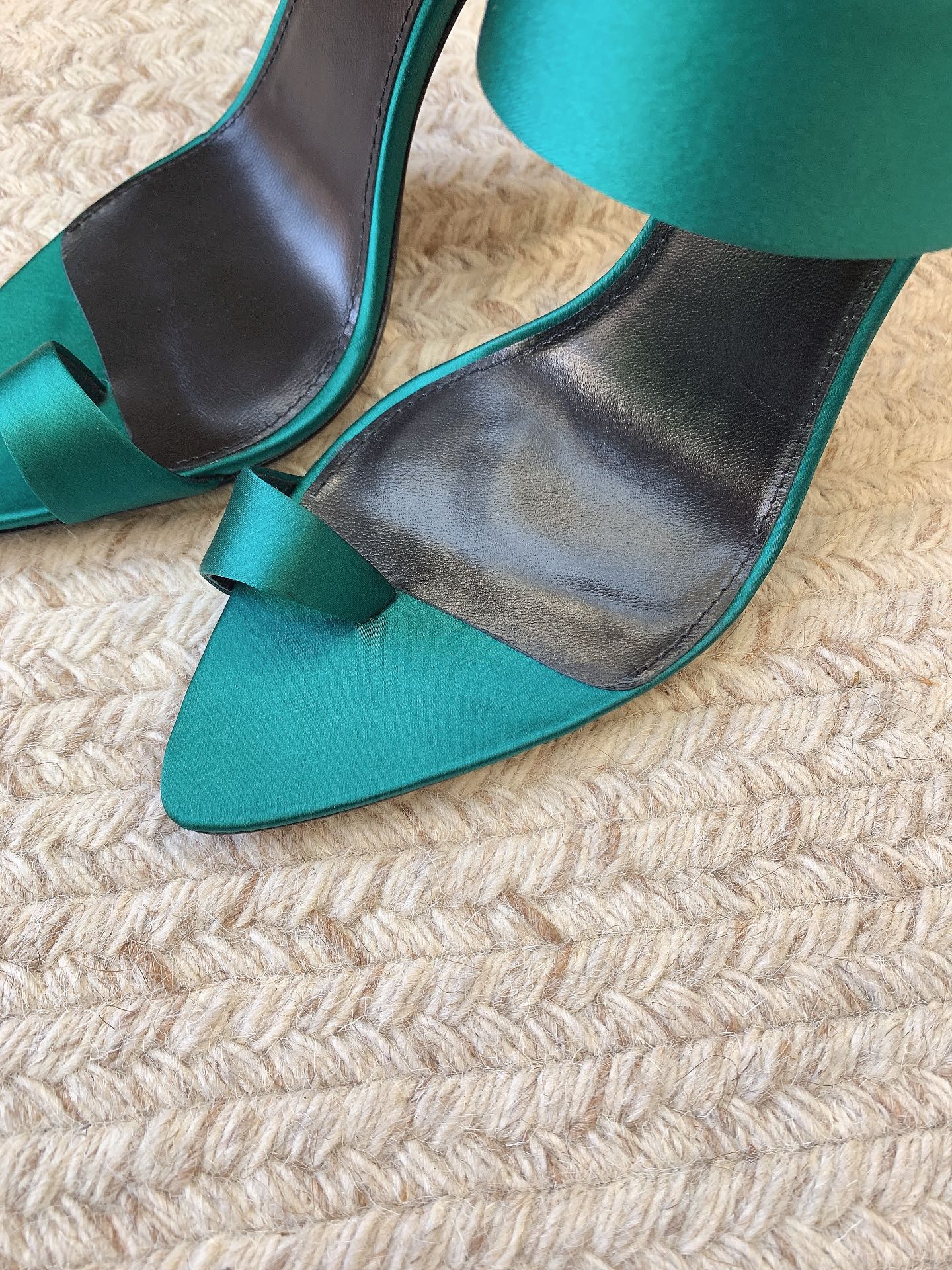 MARTHA POINTED OPEN-TOE HIGH MULES IN TEAL GREEN SILK - 34