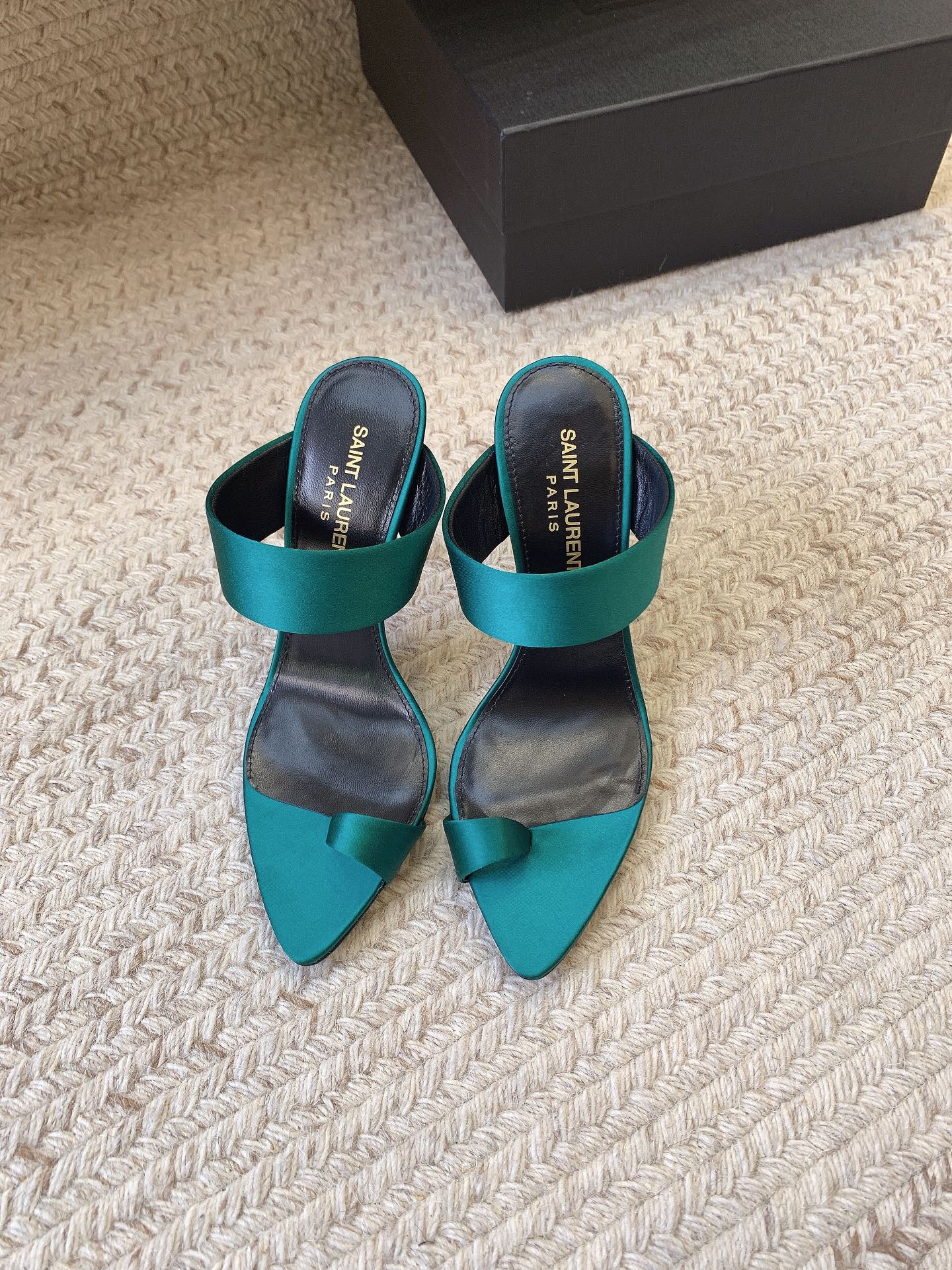 MARTHA POINTED OPEN-TOE HIGH MULES IN TEAL GREEN SILK - 34