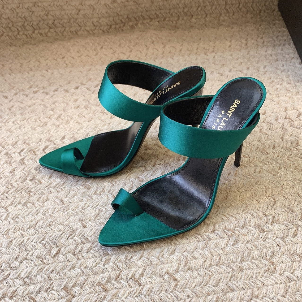 MARTHA POINTED OPEN-TOE HIGH MULES IN TEAL GREEN SILK - 34