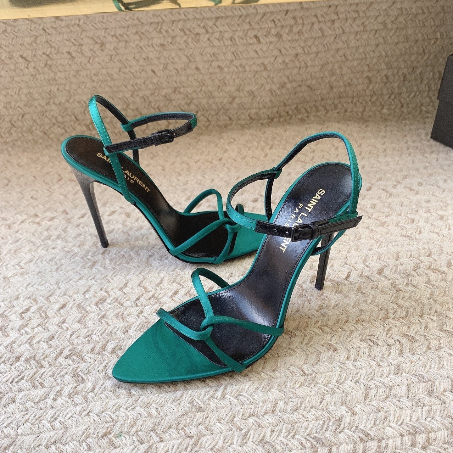 STRAPPY HIGH HEEL SANDALS IN TEAL GREEN SILK - 34