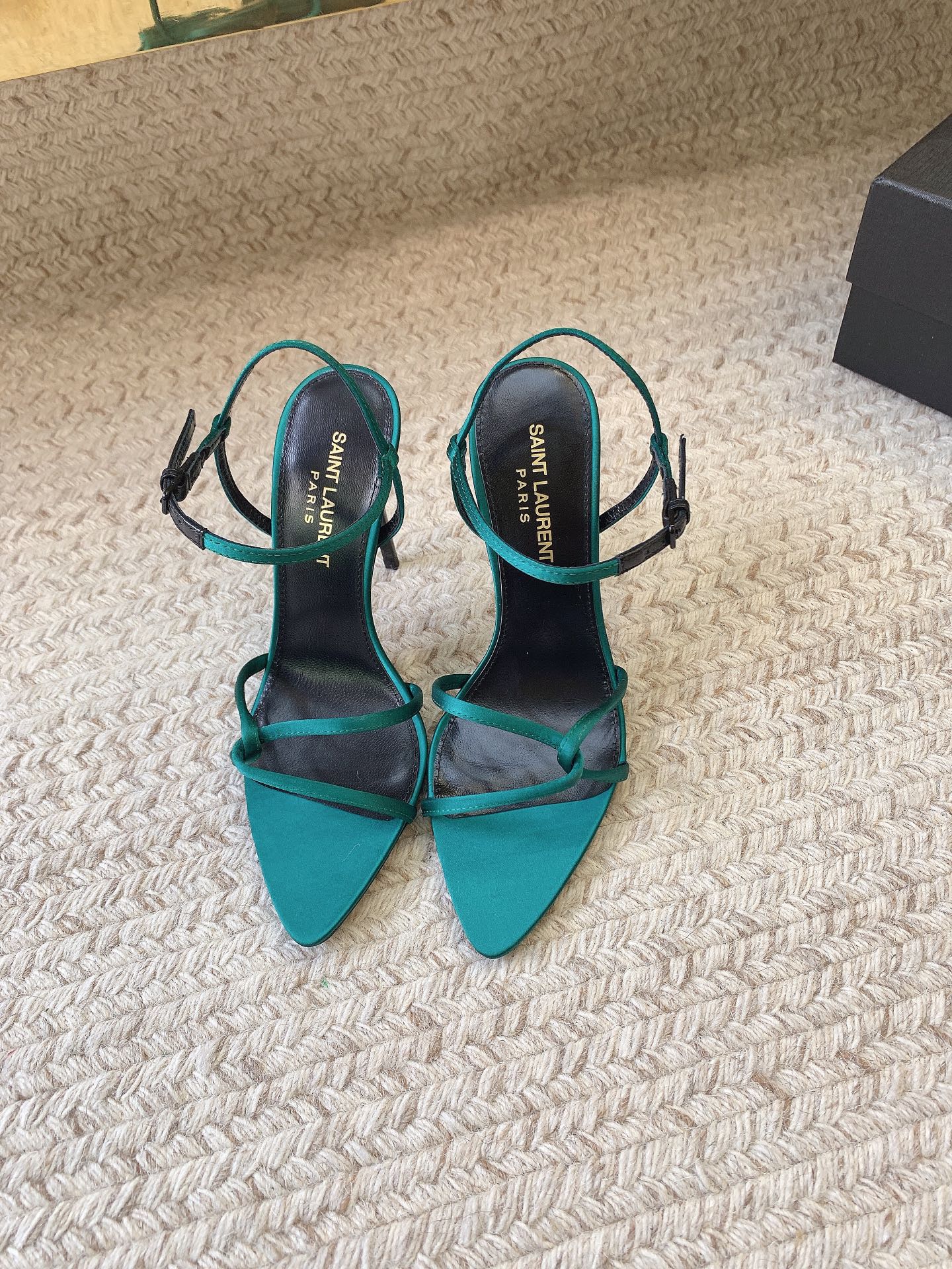 STRAPPY HIGH HEEL SANDALS IN TEAL GREEN SILK - 34