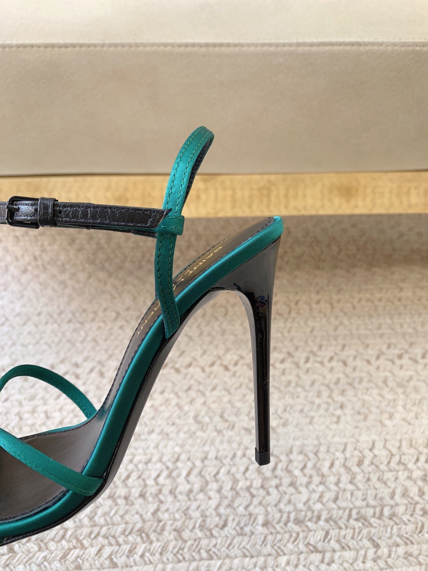 STRAPPY HIGH HEEL SANDALS IN TEAL GREEN SILK - 34
