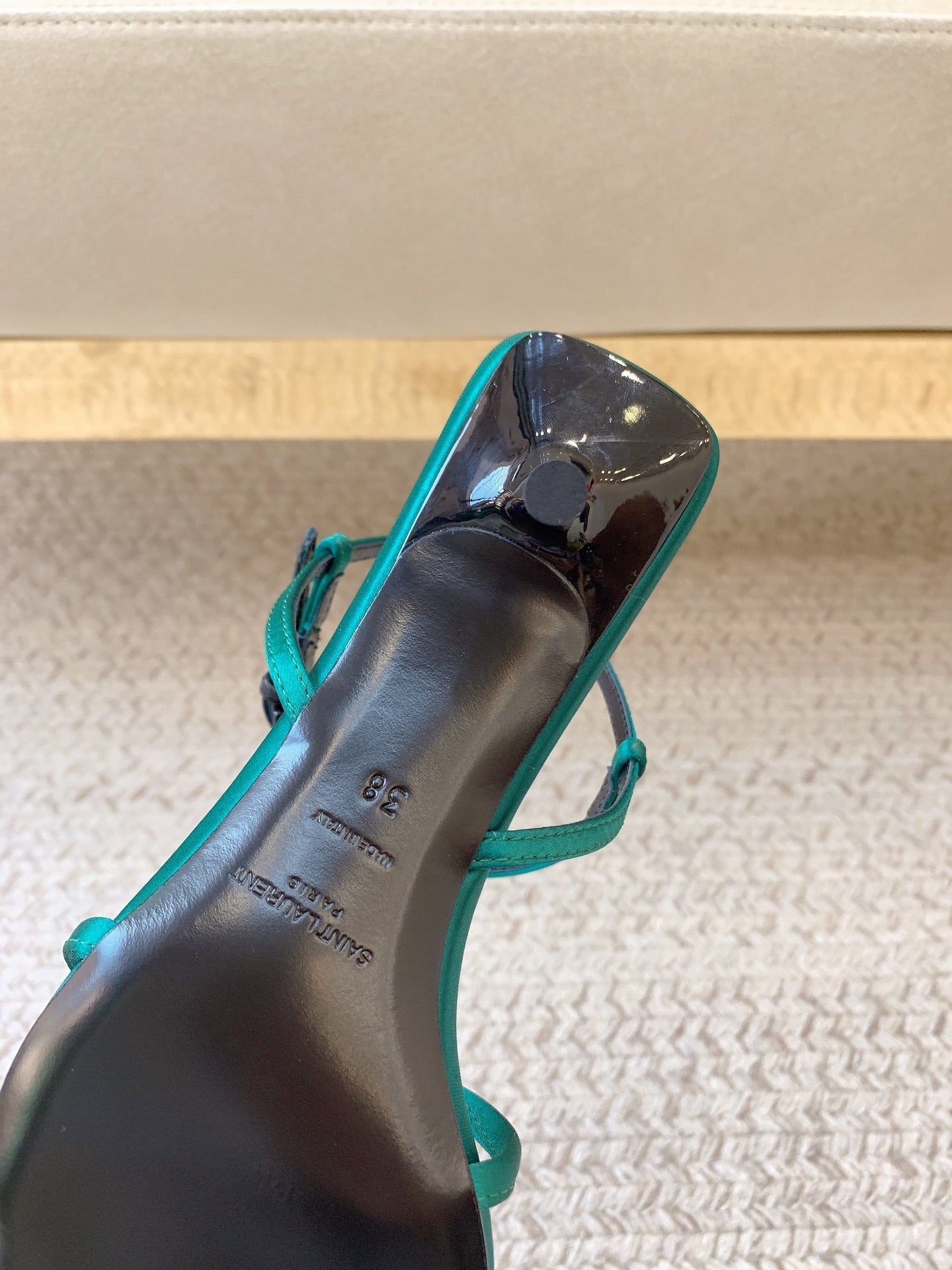 STRAPPY MID HEEL SANDALS IN TEAL GREEN SILK - 34