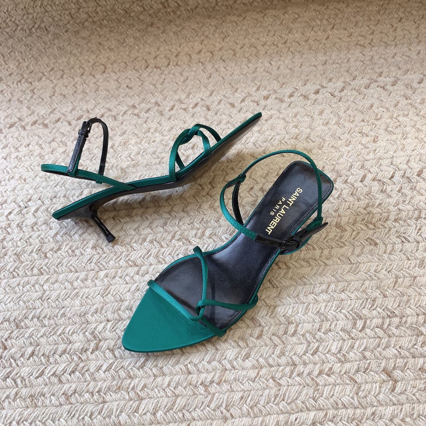 STRAPPY MID HEEL SANDALS IN TEAL GREEN SILK - 34