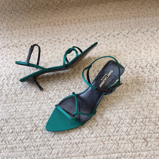 STRAPPY MID HEEL SANDALS IN TEAL GREEN SILK - 34
