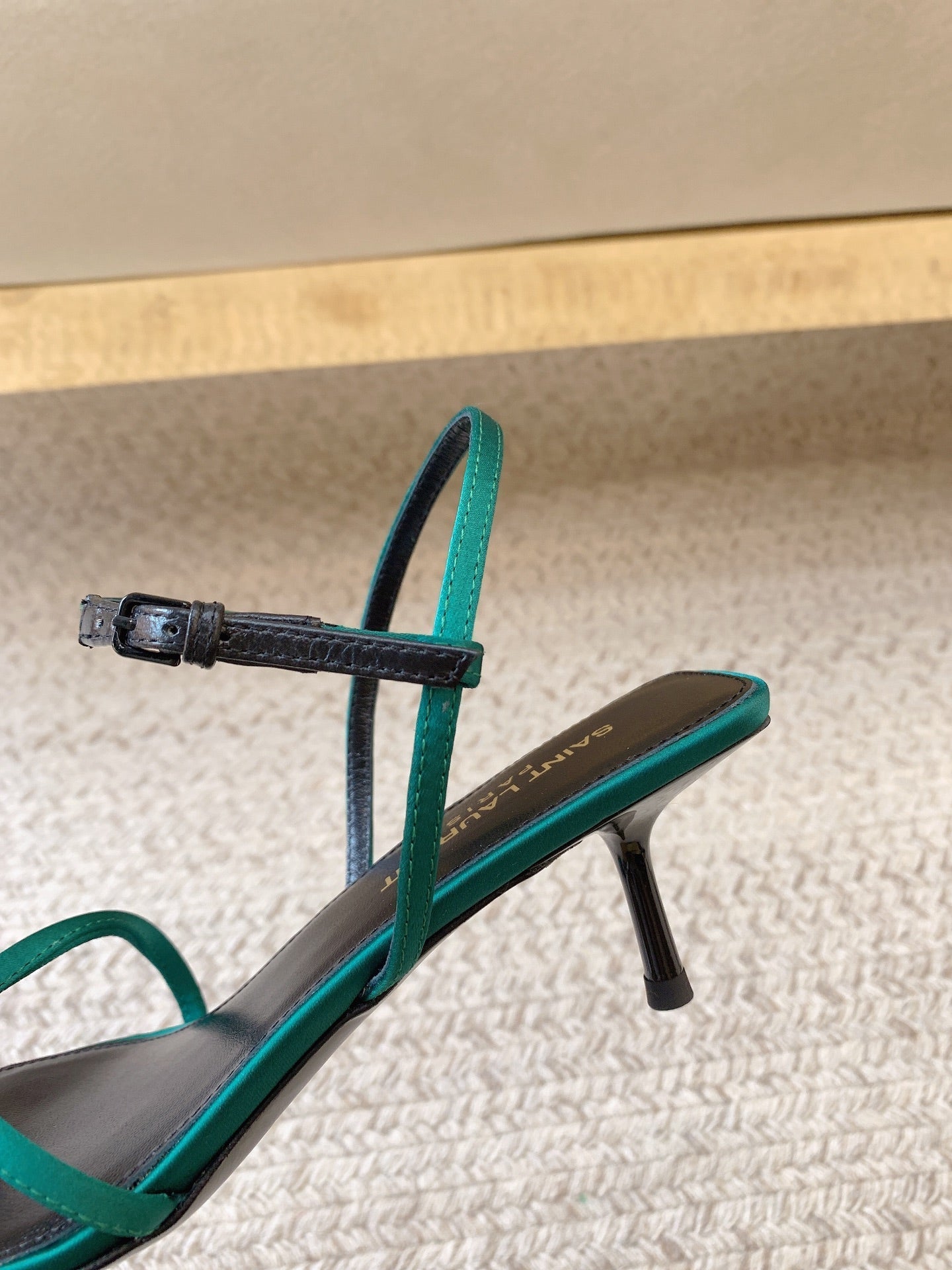 STRAPPY MID HEEL SANDALS IN TEAL GREEN SILK - 34