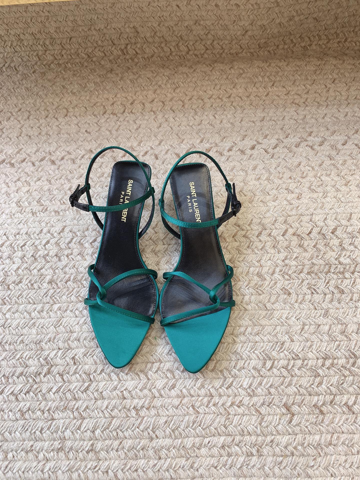 STRAPPY MID HEEL SANDALS IN TEAL GREEN SILK - 34