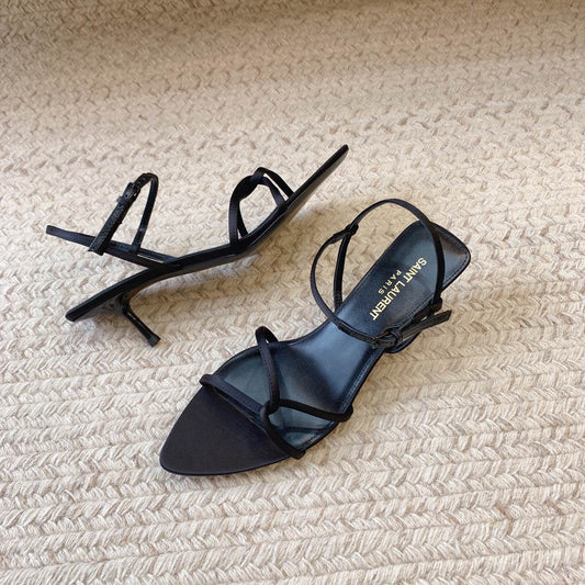 STRAPPY MID HEEL SANDALS IN BLACK SILK - 34