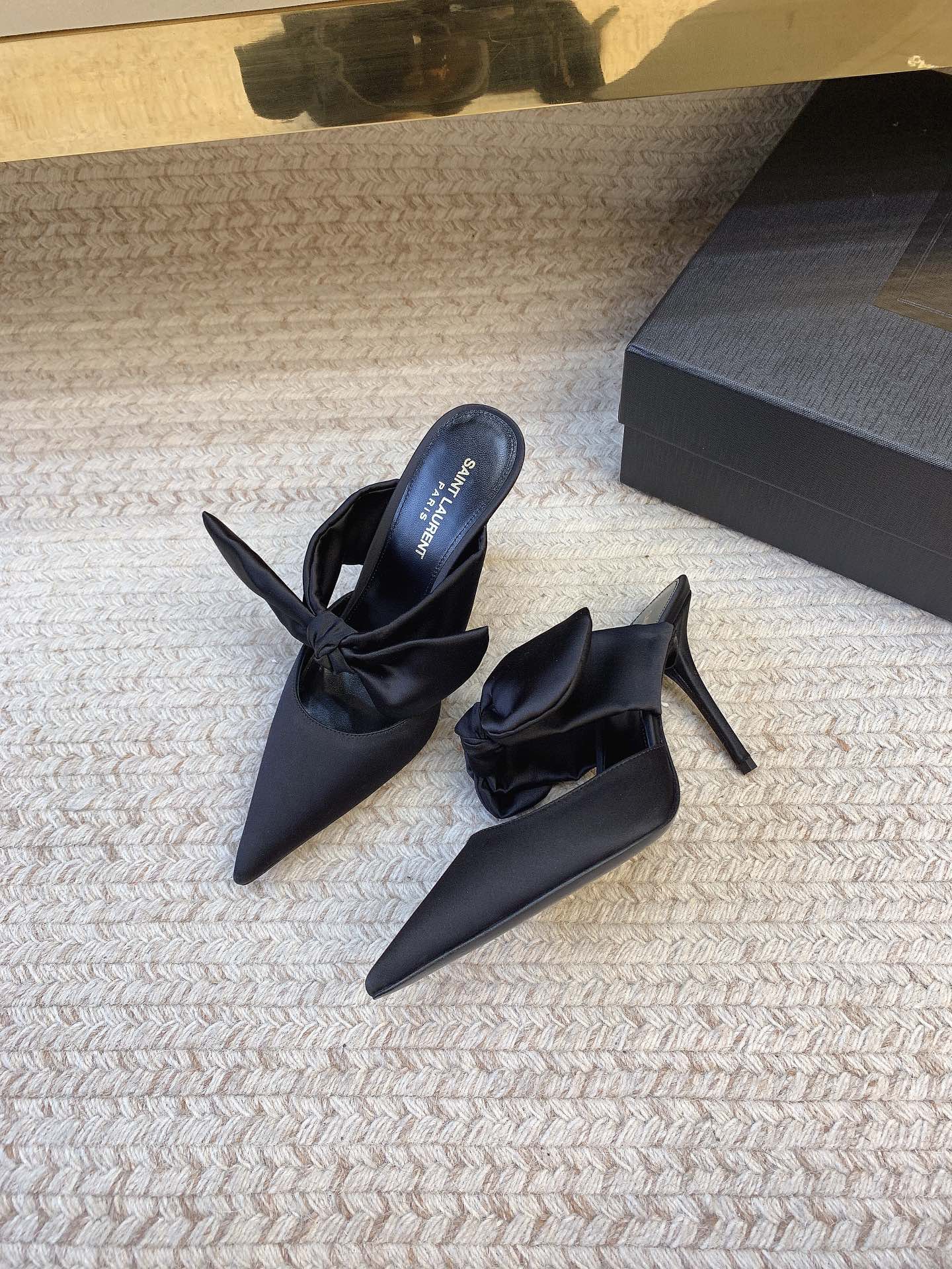 BARBARA BIG BOW MULES IN BLACK SILK - 34