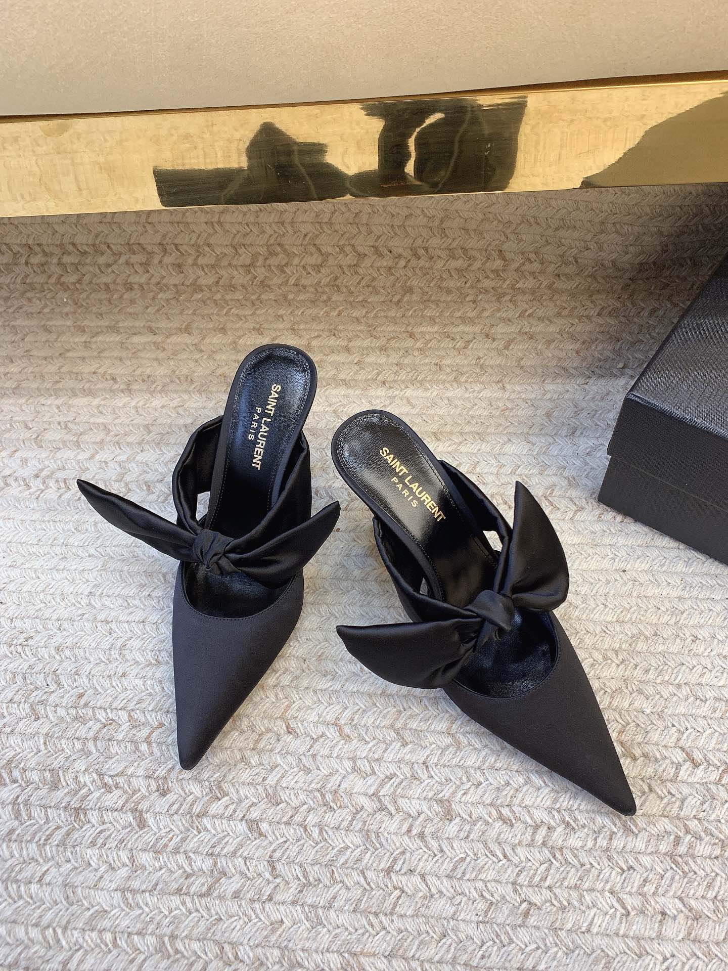 BARBARA BIG BOW MULES IN BLACK SILK - 34
