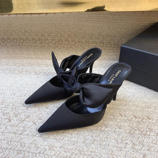BARBARA BIG BOW MULES IN BLACK SILK - 34