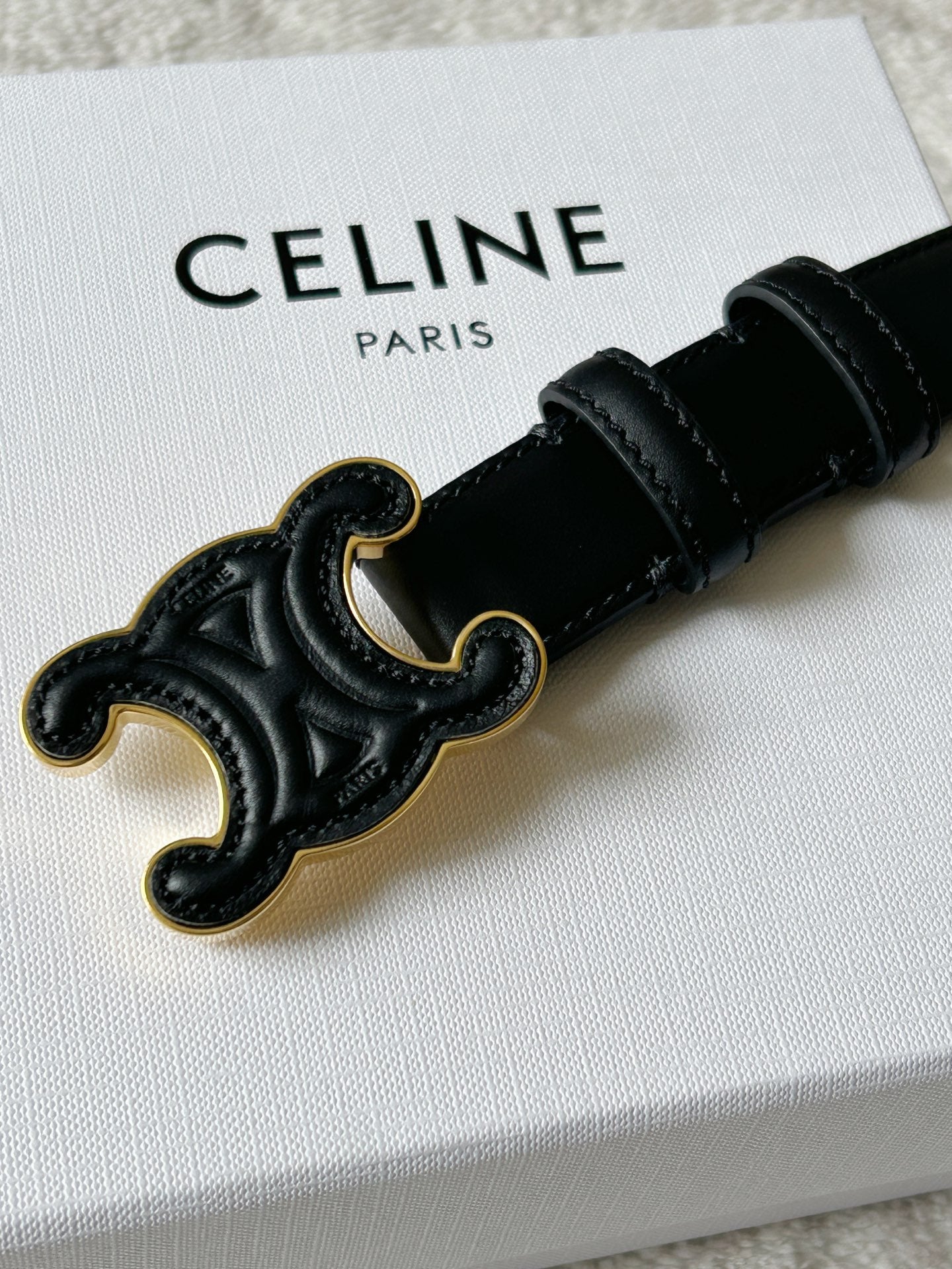 TRIOMPHE BELT 24MM IN BLACK CALFSKIN WITH LEATHER BUCKLE GOLD HARDWARE - 30