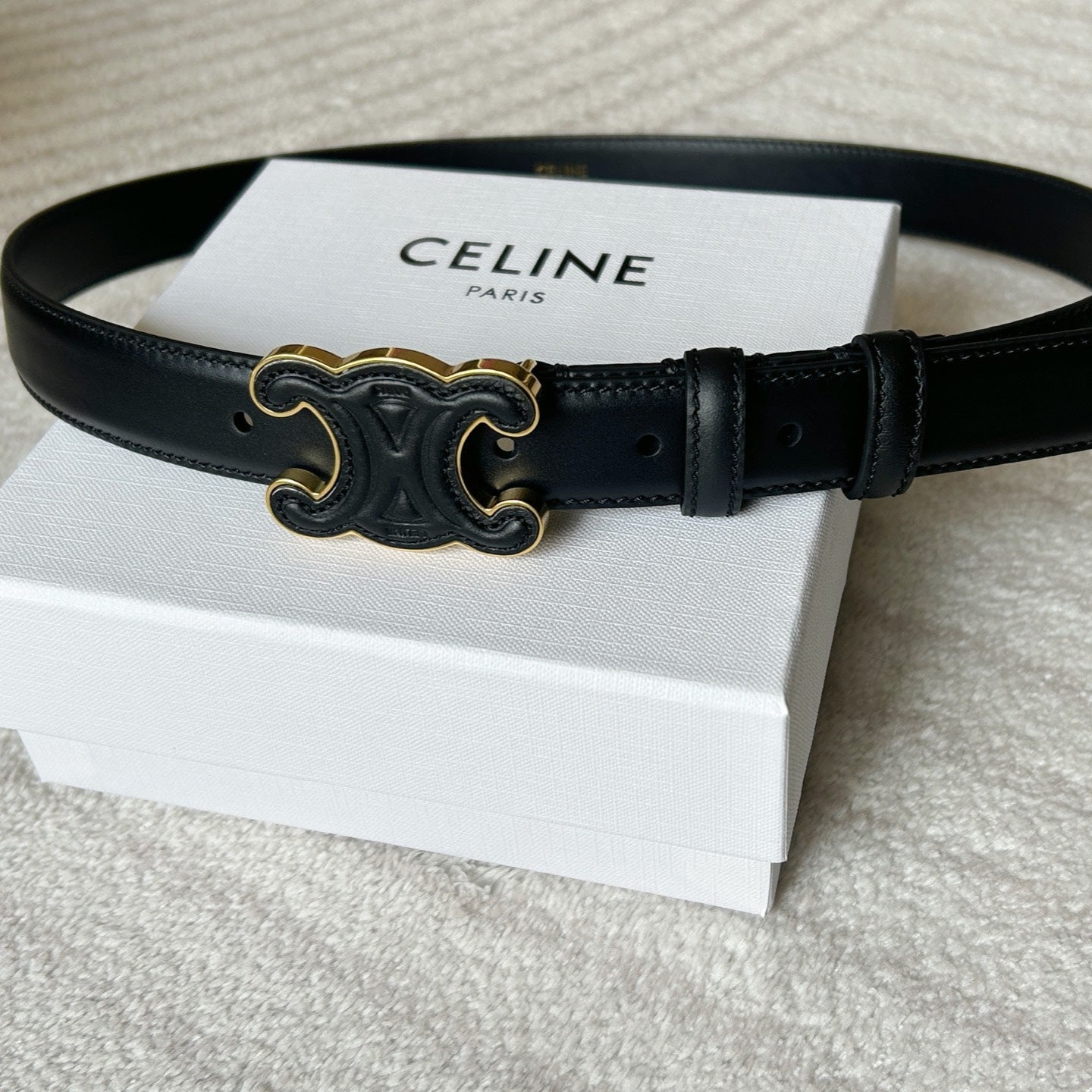 TRIOMPHE BELT 24MM IN BLACK CALFSKIN WITH LEATHER BUCKLE GOLD HARDWARE - 30