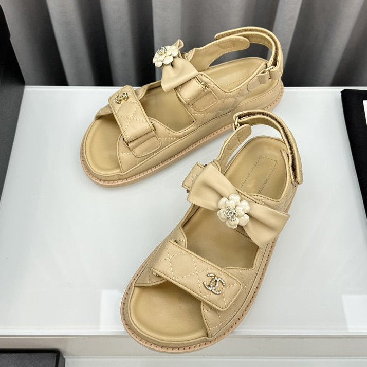 dad sandals beige bow tie lambskin - 35