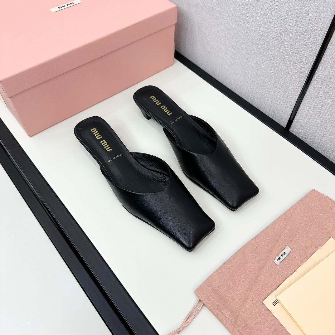 SQUARE TOE MULES BLACK SHEEPSKIN - 35