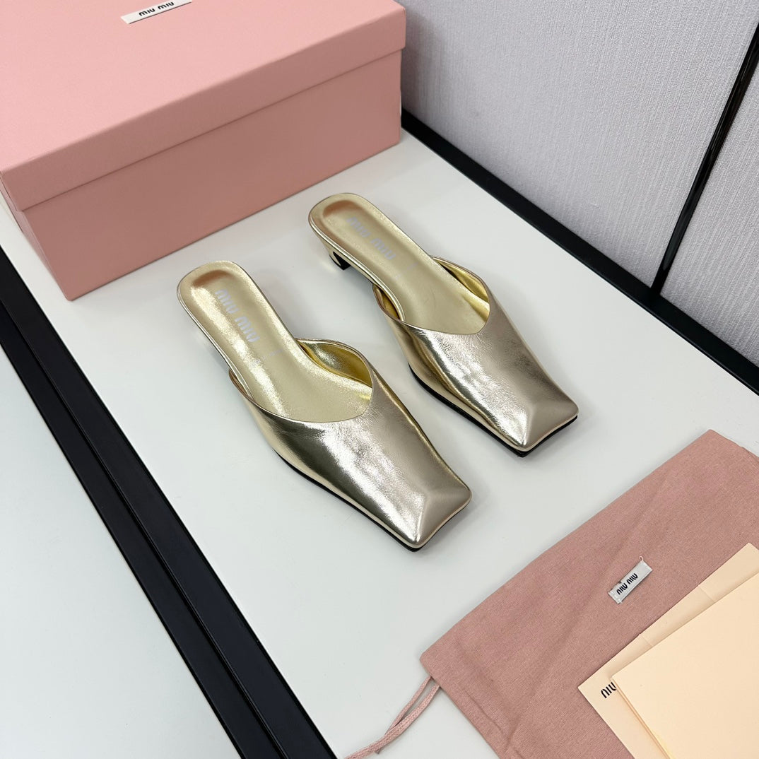 SQUARE TOE MULES METALLIC GOLD SHEEPSKIN - 35