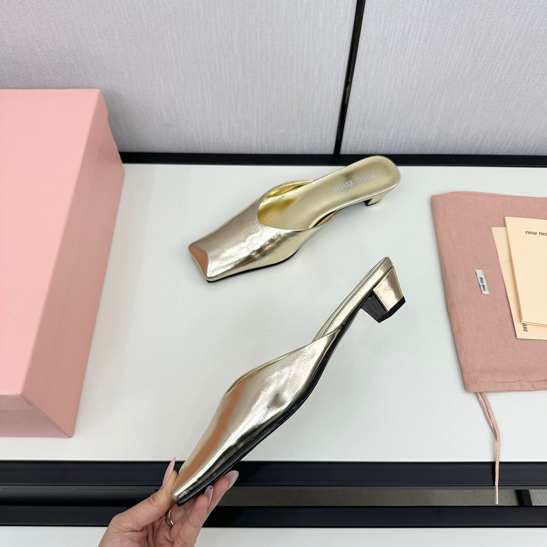 SQUARE TOE MULES METALLIC GOLD SHEEPSKIN - 35