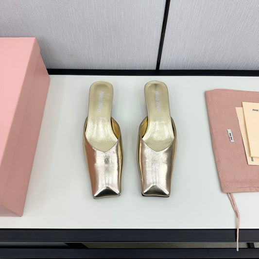SQUARE TOE MULES METALLIC GOLD SHEEPSKIN - 35