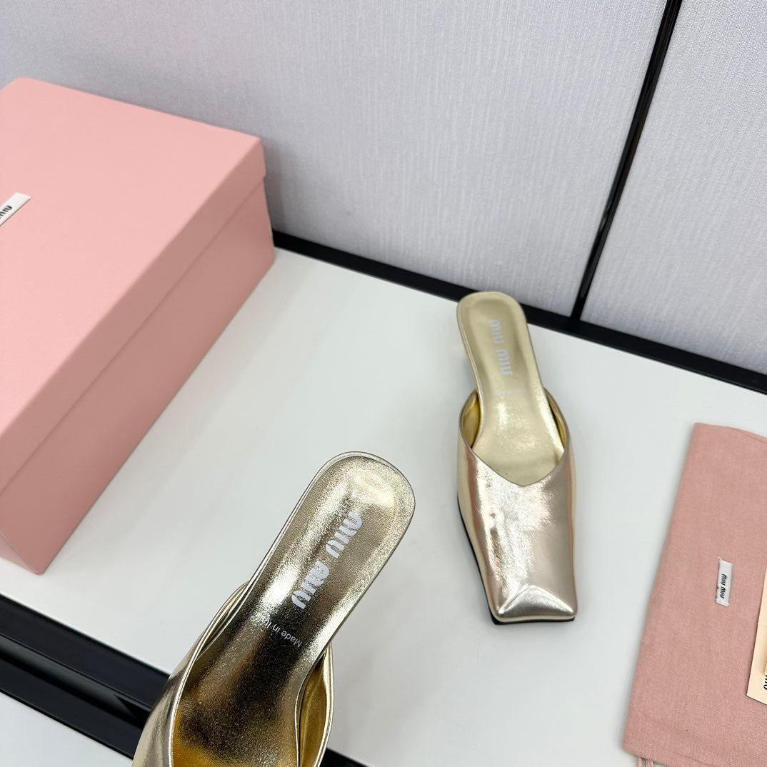 SQUARE TOE MULES METALLIC GOLD SHEEPSKIN - 35