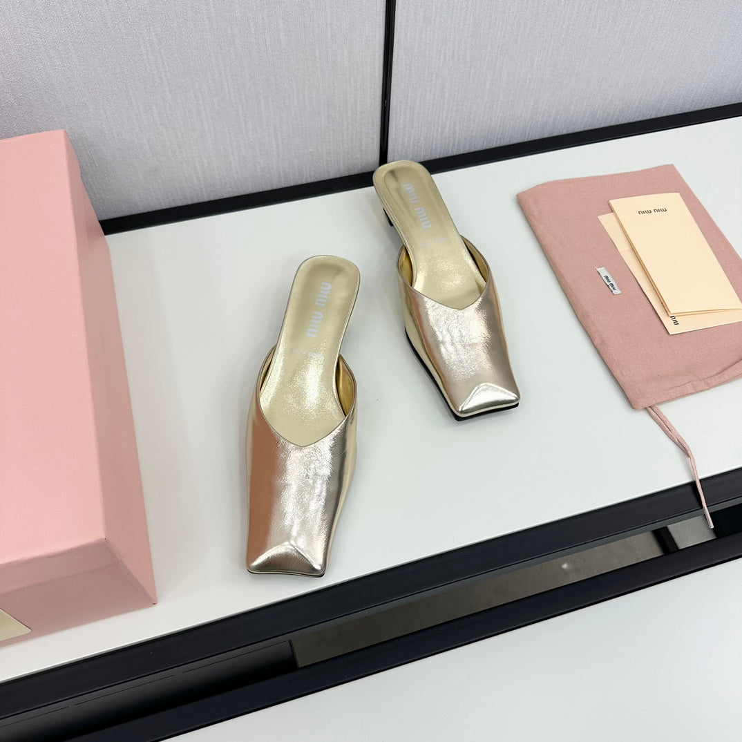 SQUARE TOE MULES METALLIC GOLD SHEEPSKIN - 35