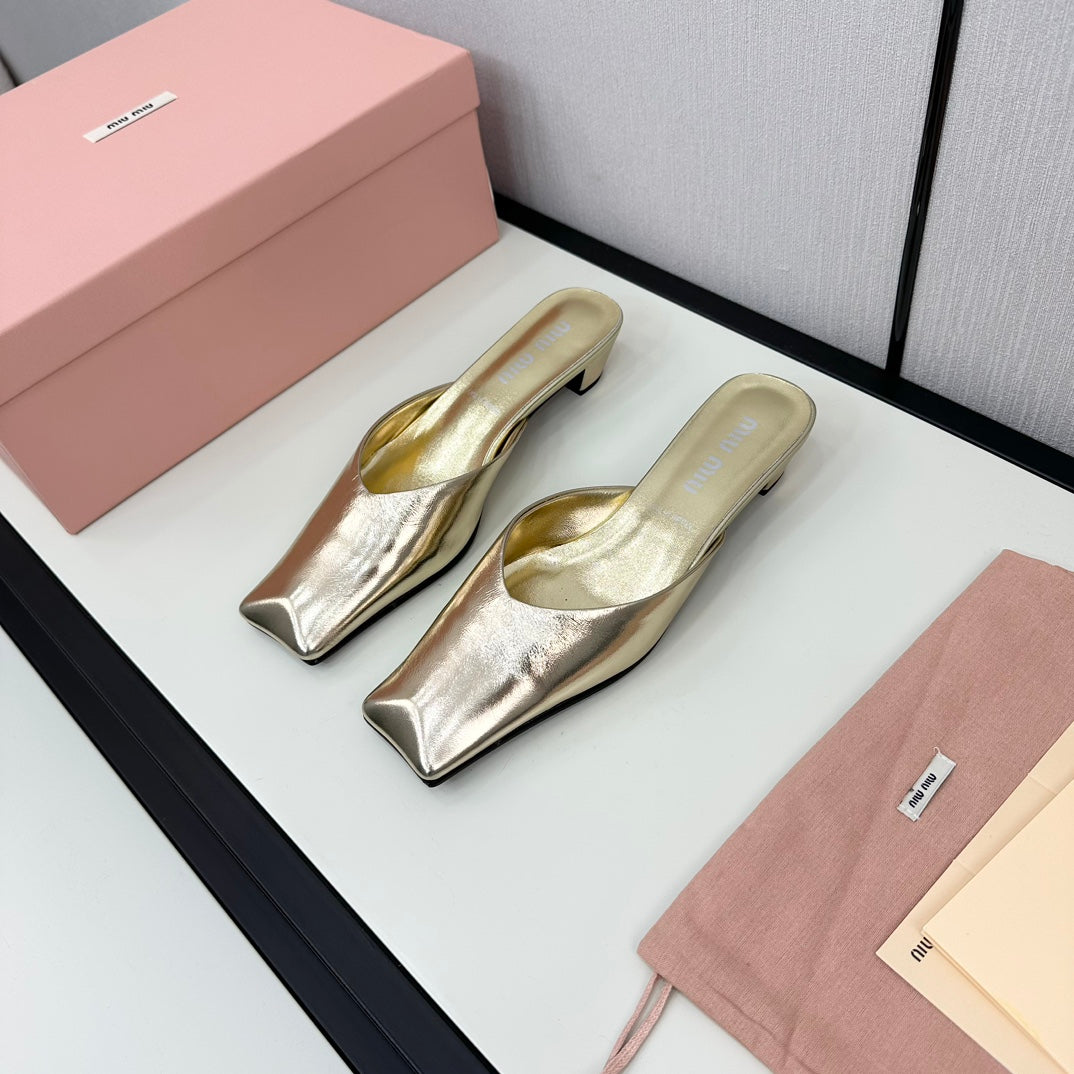 SQUARE TOE MULES METALLIC GOLD SHEEPSKIN - 35